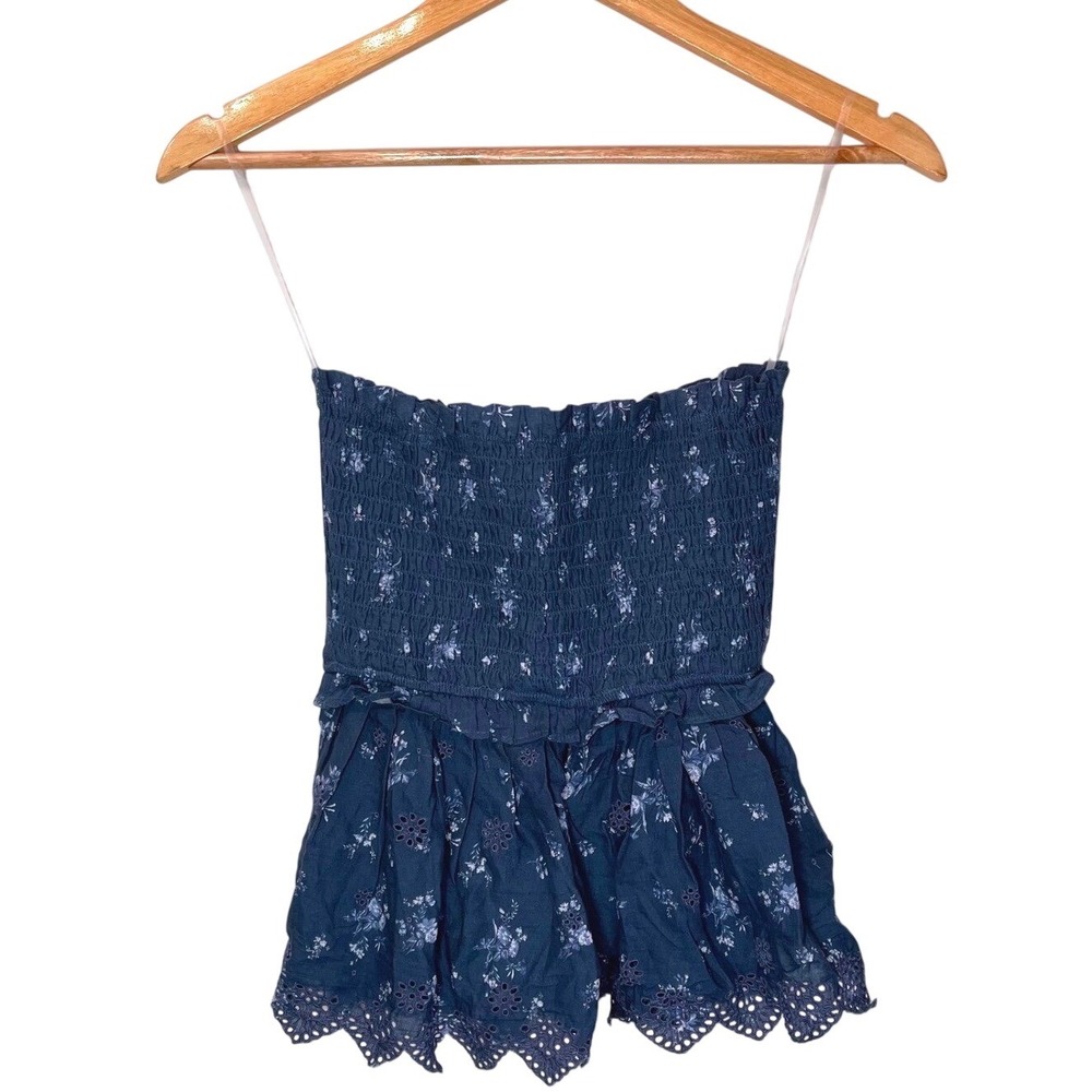 NEW American Eagle AE Smocked Floral Strapless‎ Tank Top Tube Eyelet Ruffle Hem